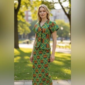 African Print 2 Piece Suit Dress Size Small Green Aline Skirt Wax